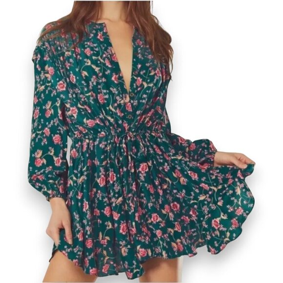 Free People Floral Mini Dress Green Pink XS - Picture 1 of 13